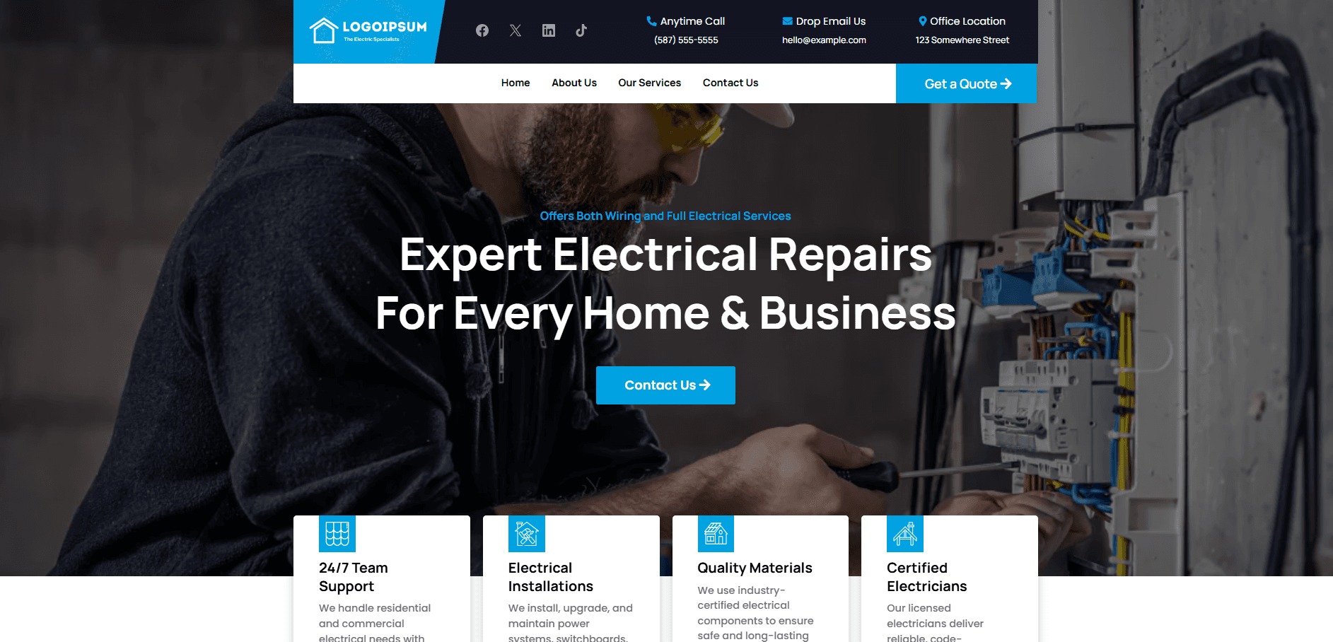 Demo electrical website built by Momentum, showing the home page on desktop.