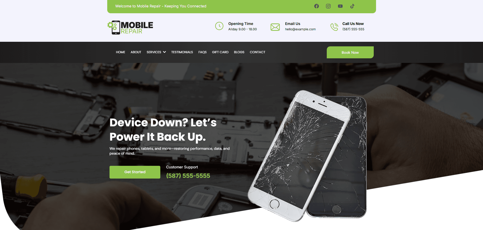 Demo mobile-repair website built by Momentum, showing the home page on desktop.