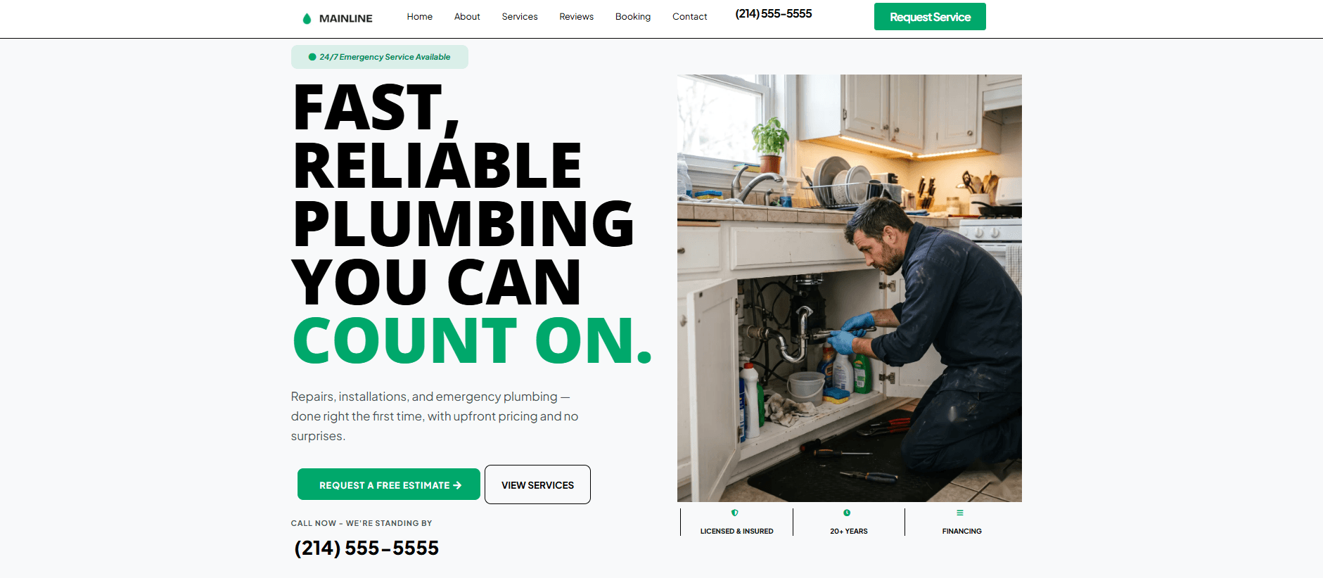 Demo plumbing website built by Momentum, showing the home page on desktop.
