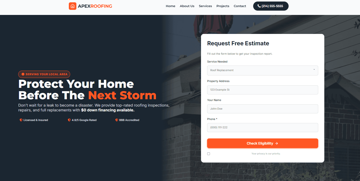 Demo roofing website built by Momentum, showing the home page on desktop.